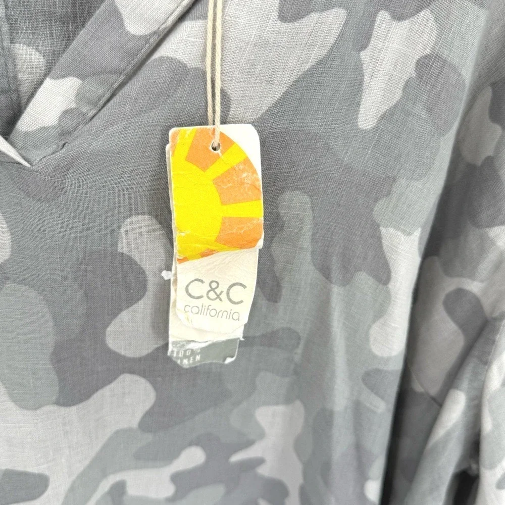 C&C California Linen Camo Hoodie Tunic Top Gray 3X New